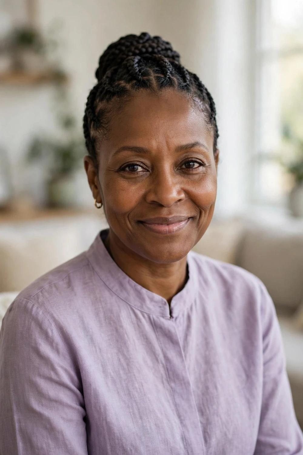 Black woman with cornrows gathered into a neat bun updo