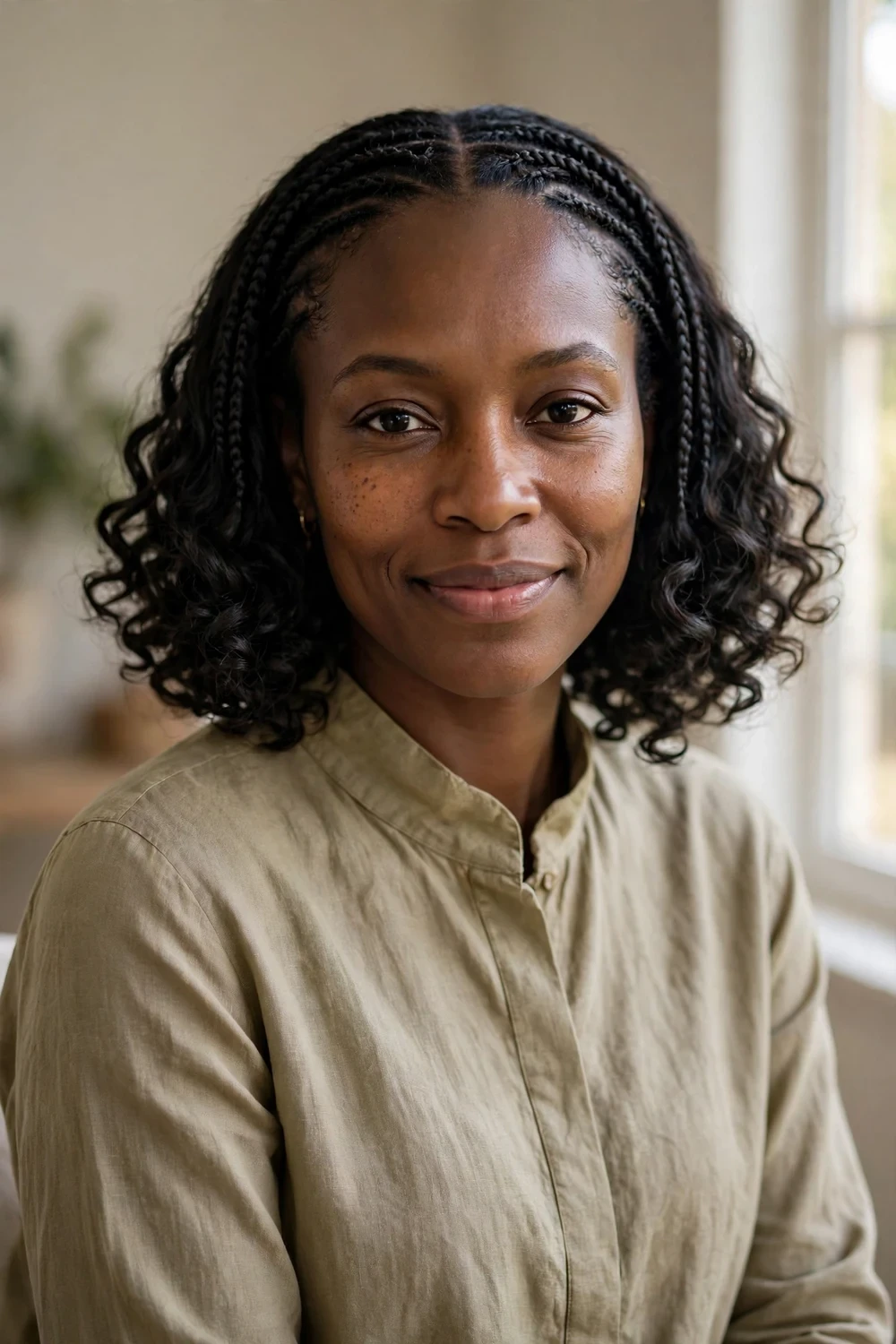 Black woman with a braided bob with soft curly ends