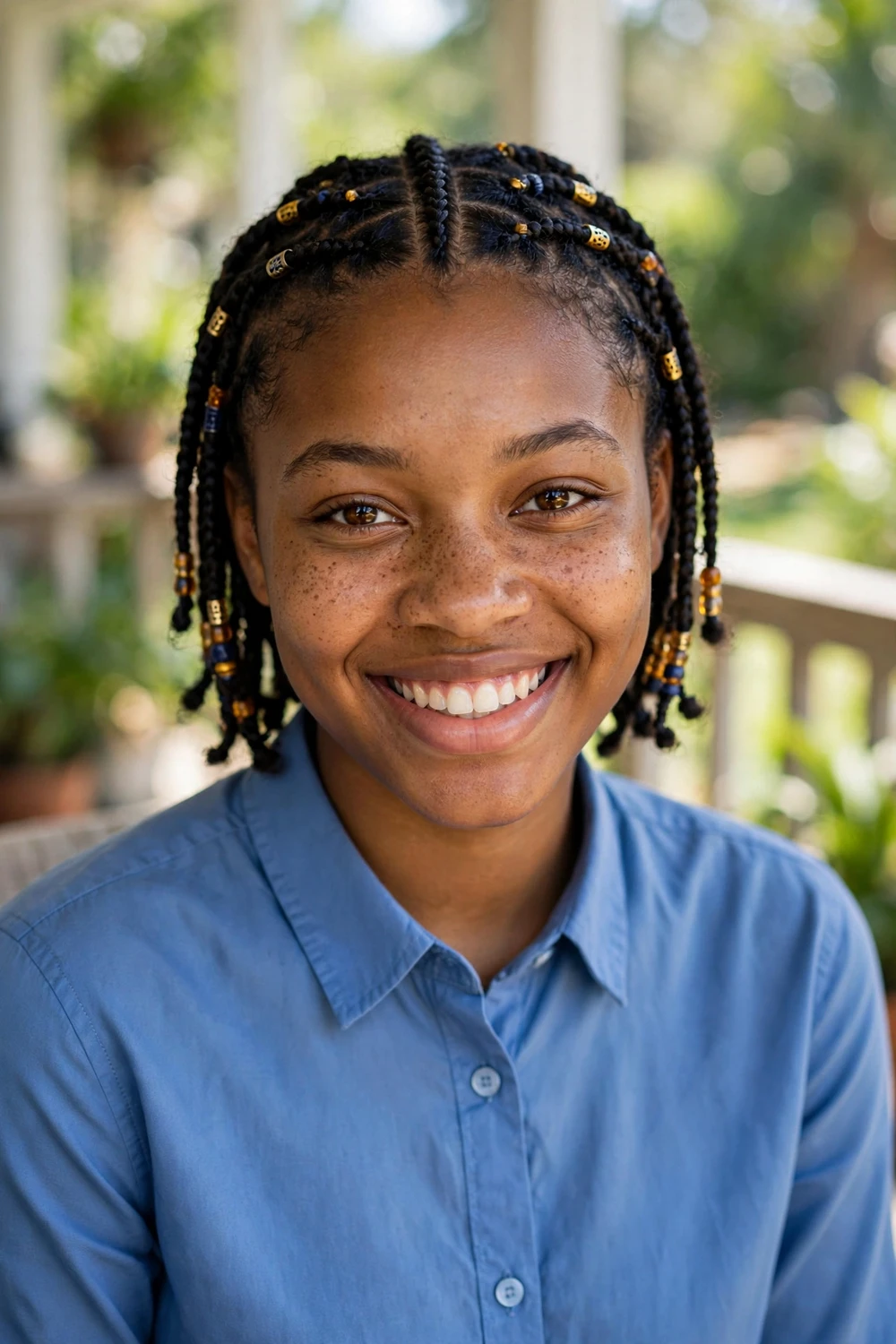 Black woman with Fulani-inspired short braids with center cornrow and beads