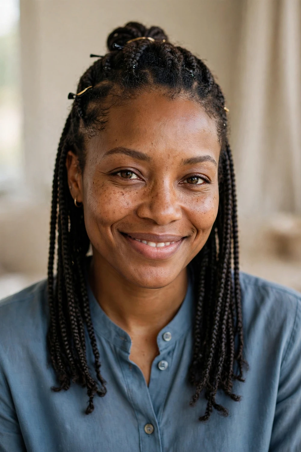 Black woman with a half-up braided bob with pinned top section