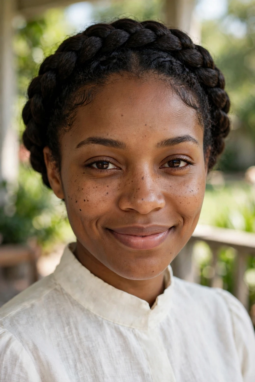 Black woman with a halo crown braid circling the head