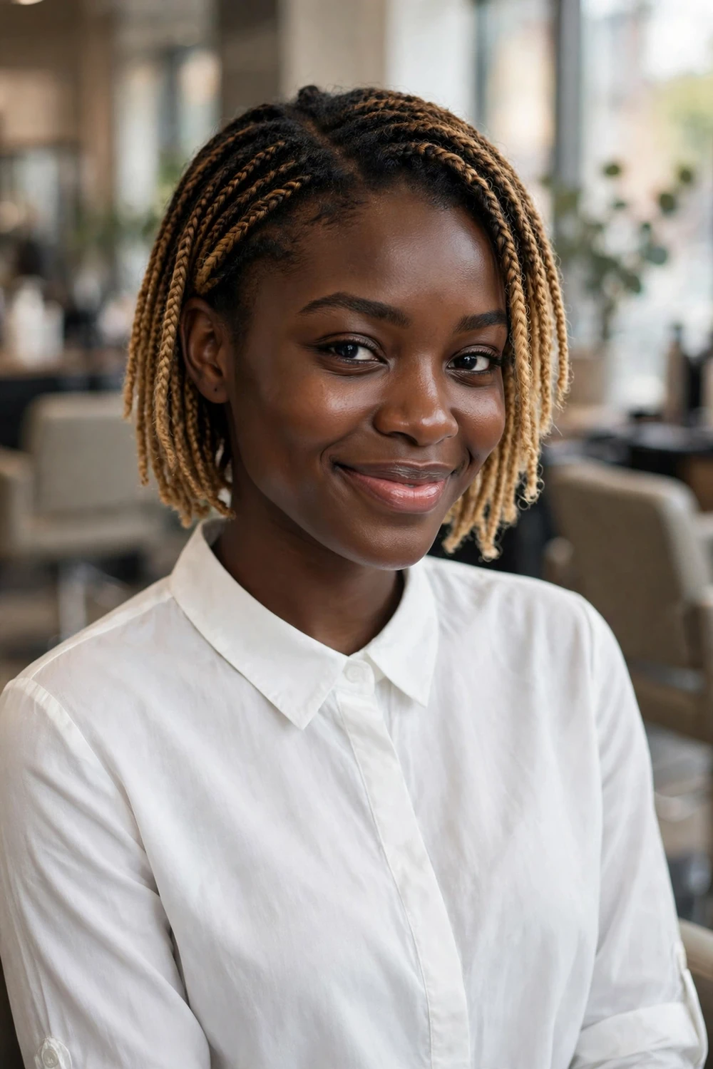 Black woman with ombre short braids fading from dark roots to honey blonde ends