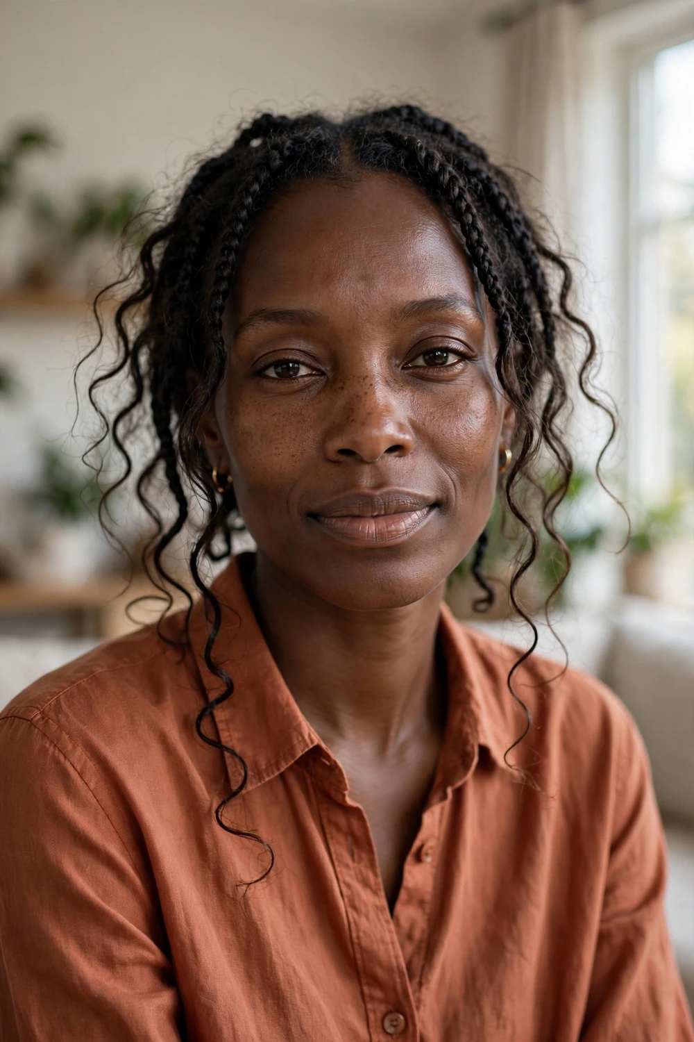 Black woman with short boho braids with loose curly strands