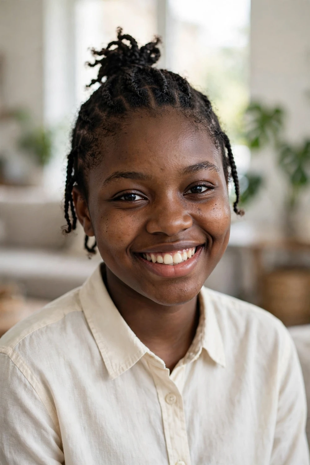 Black woman with short braids styled into a top knot