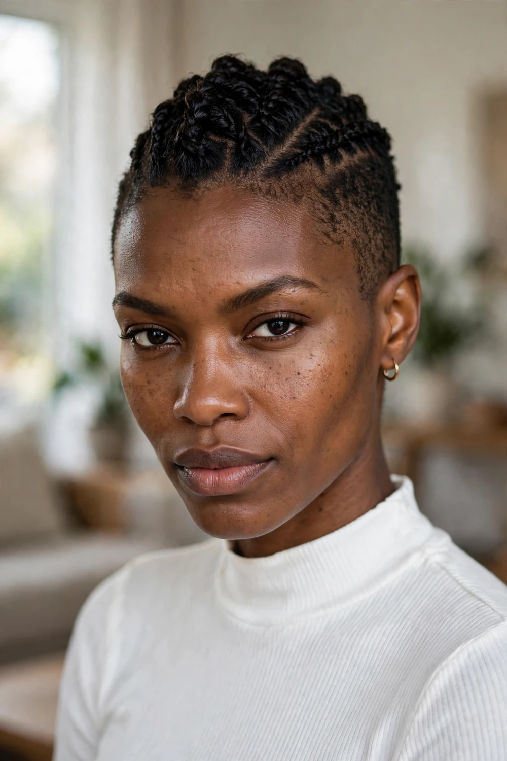 Black woman with a short braided mohawk with raised center braids