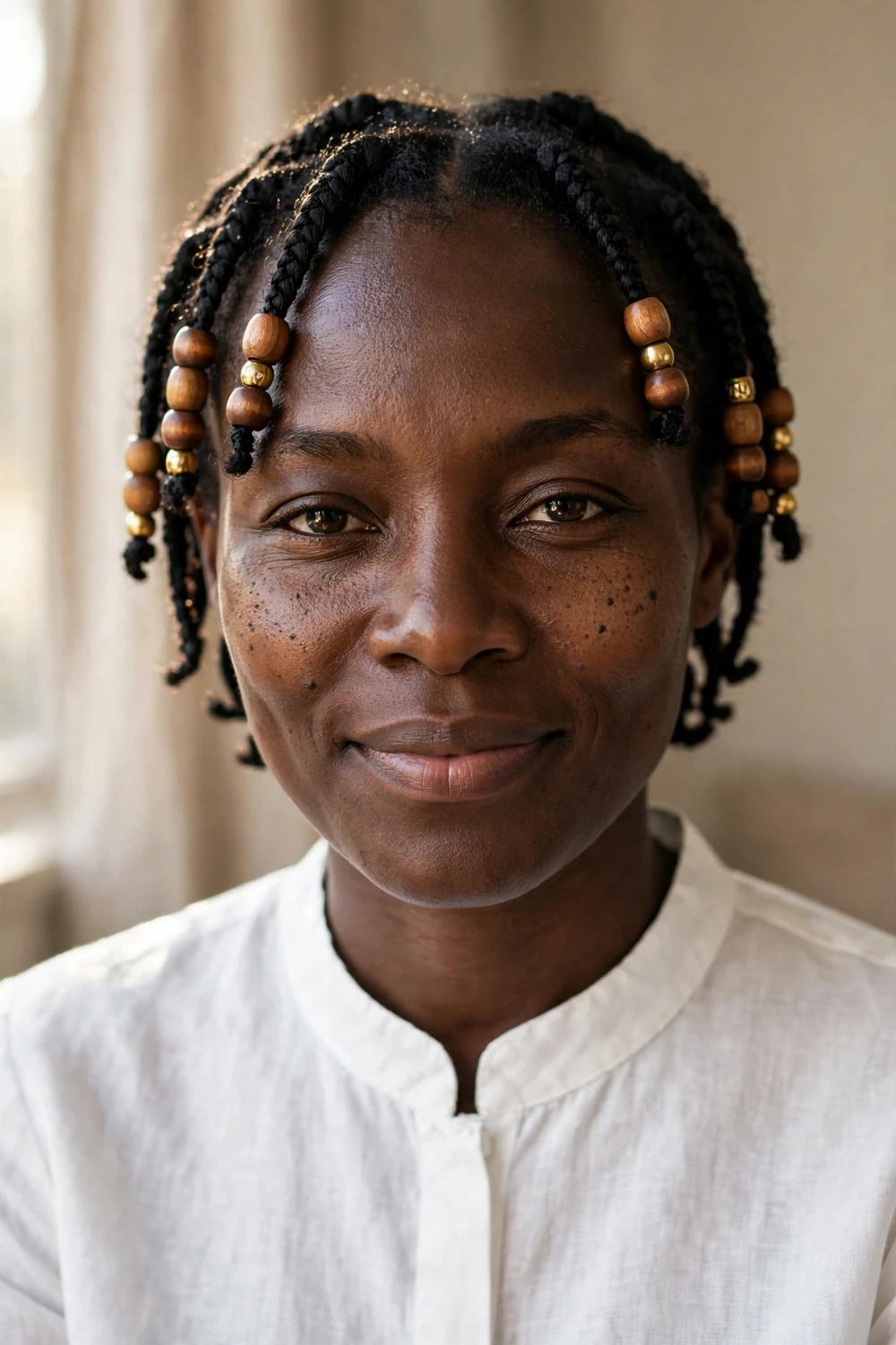 Black woman with short braids decorated with wooden and gold beads