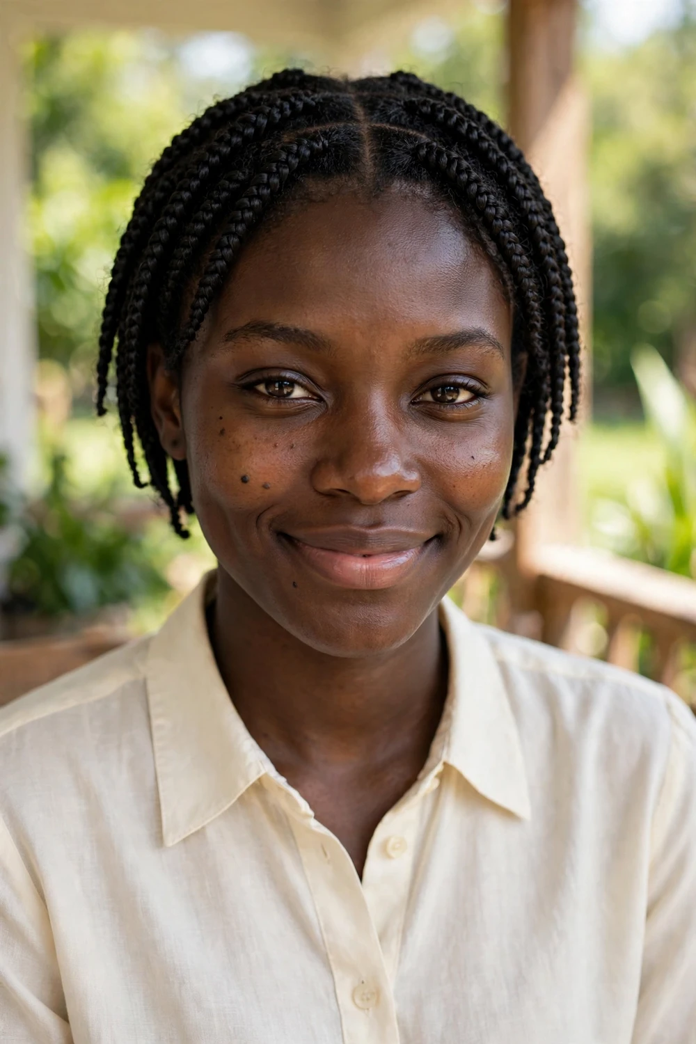 Black woman with short classic box braids with neat square parts