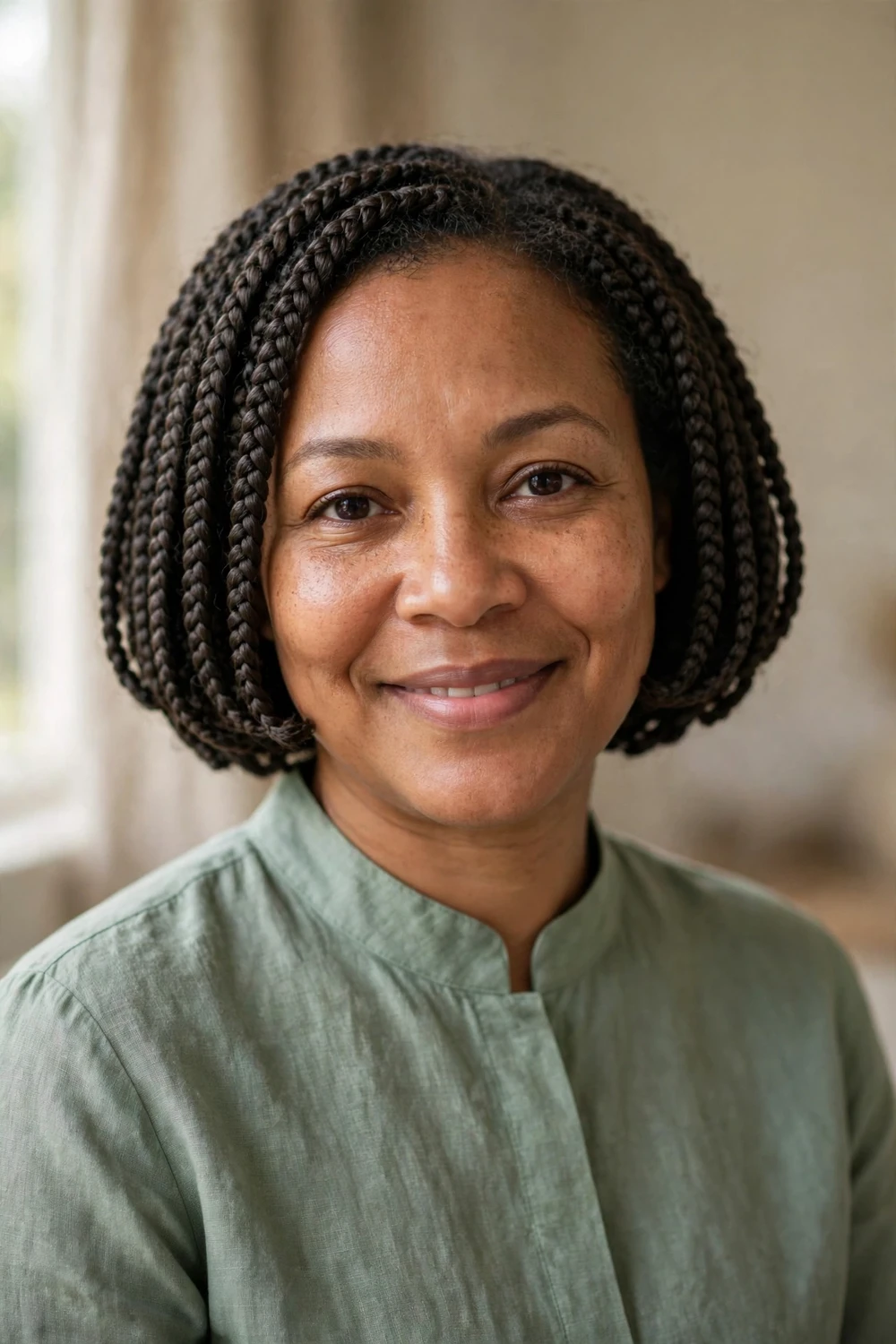 Black woman with a short crochet braid bob with full even texture