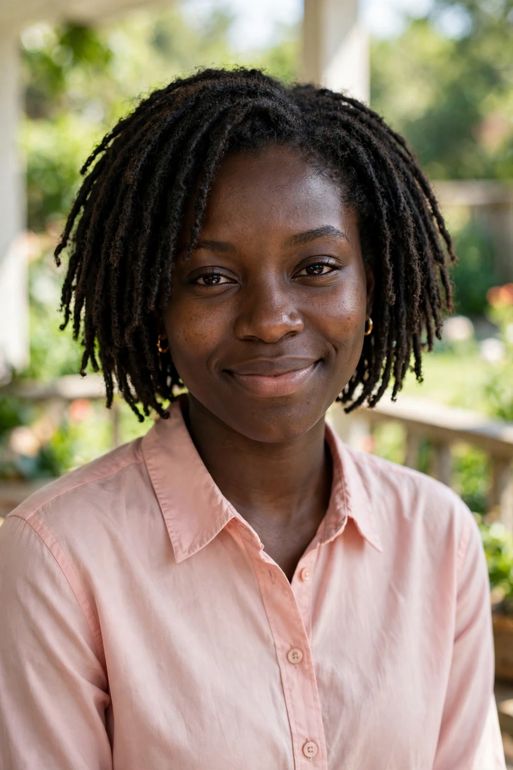 Black woman with a short faux locs bob with textured locs