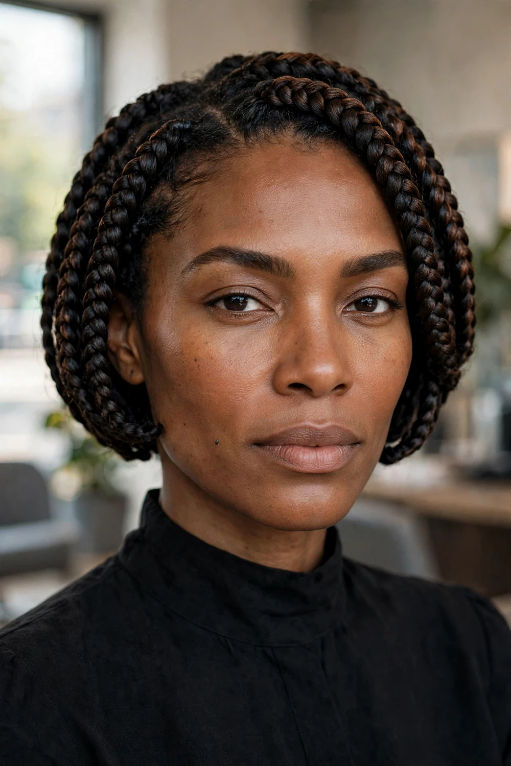 Black woman with short goddess braids, thick feed-in braids