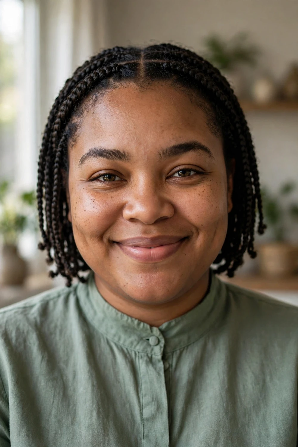 Black woman with short knotless box braids with smooth flat roots