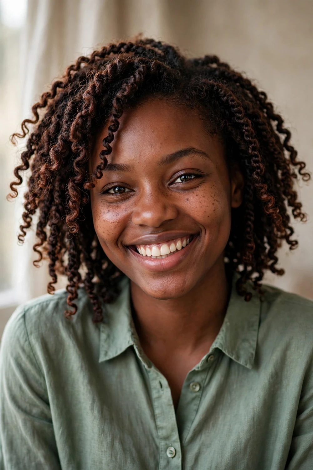 Black woman with short passion twists with soft springy texture