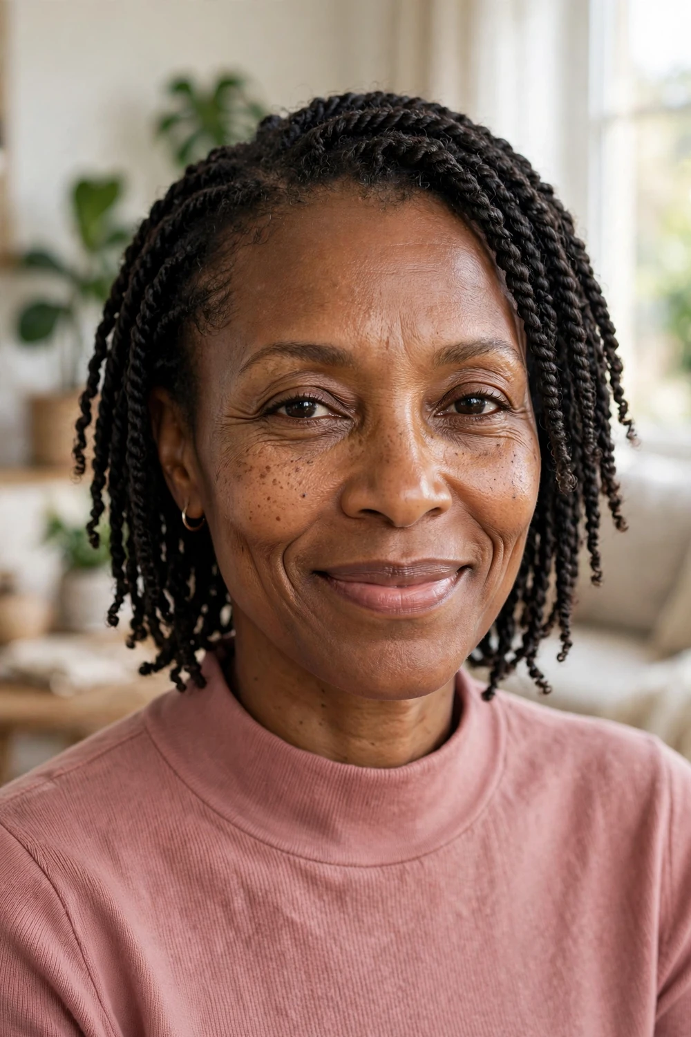 Black woman with short Senegalese twists with sleek rope-like texture
