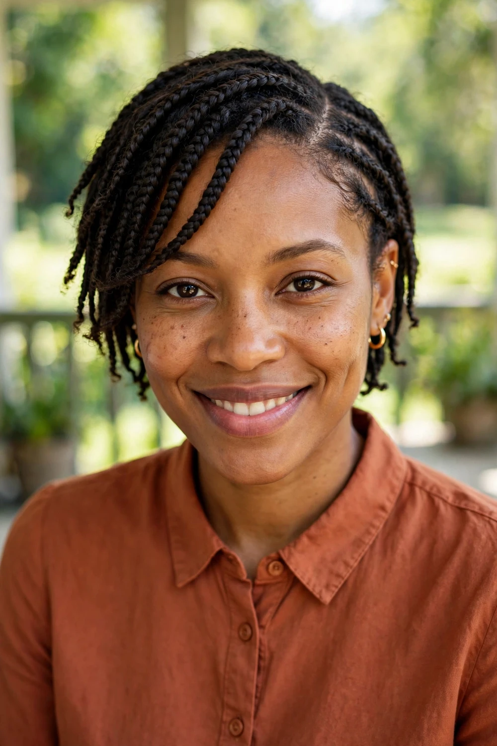 Black woman with side-swept short braids with a deep side part