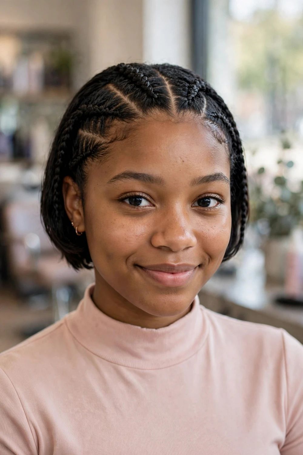 Black woman with a stitch cornrow bob with crisp parting lines
