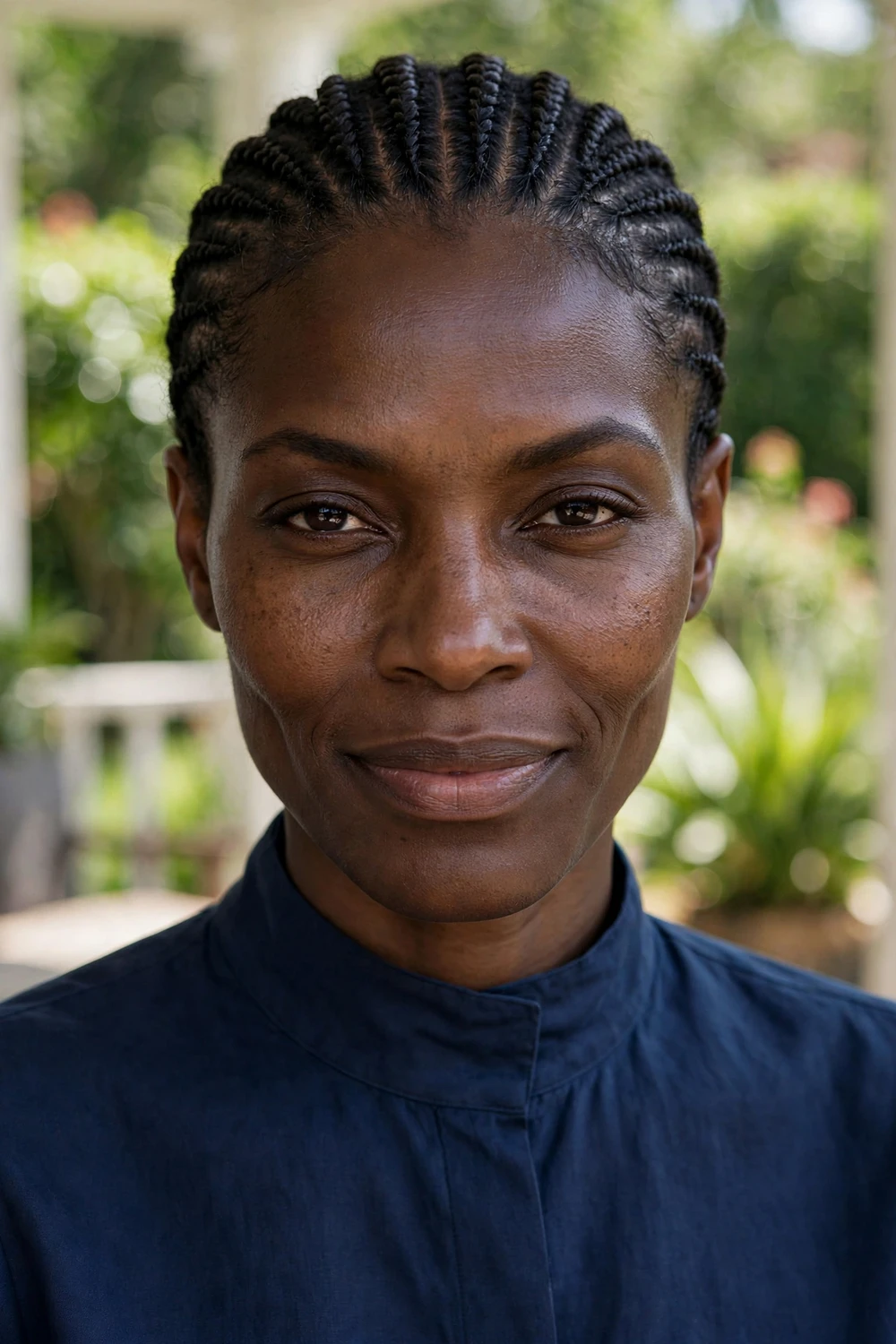 Black woman with straight-back cornrows in neat even rows