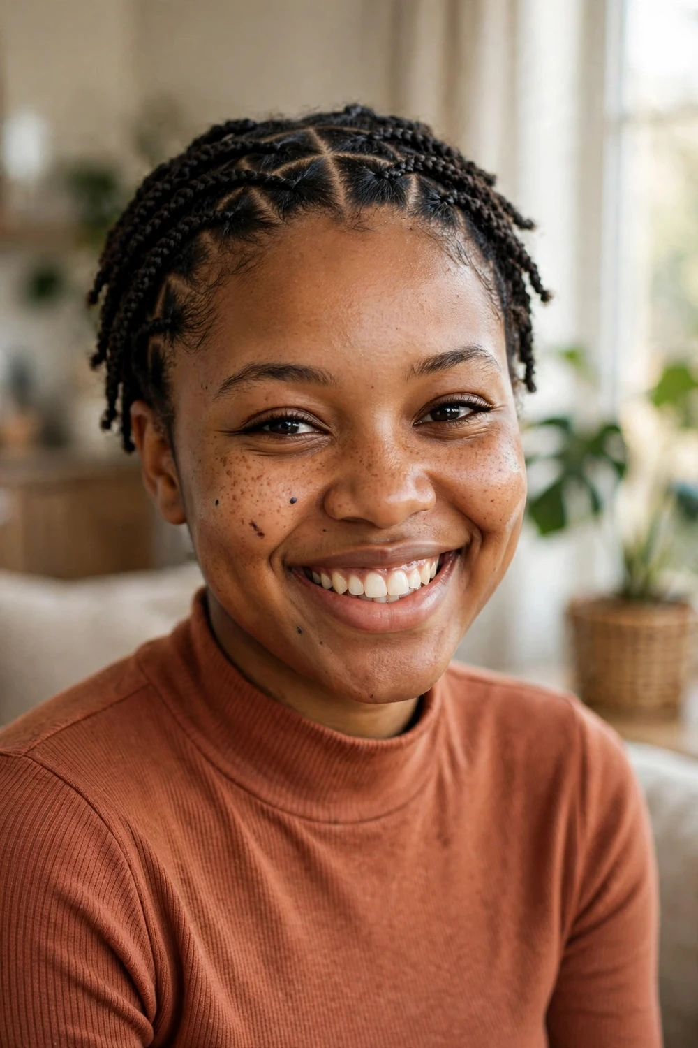 Black woman with short braids with triangle-shaped parting pattern