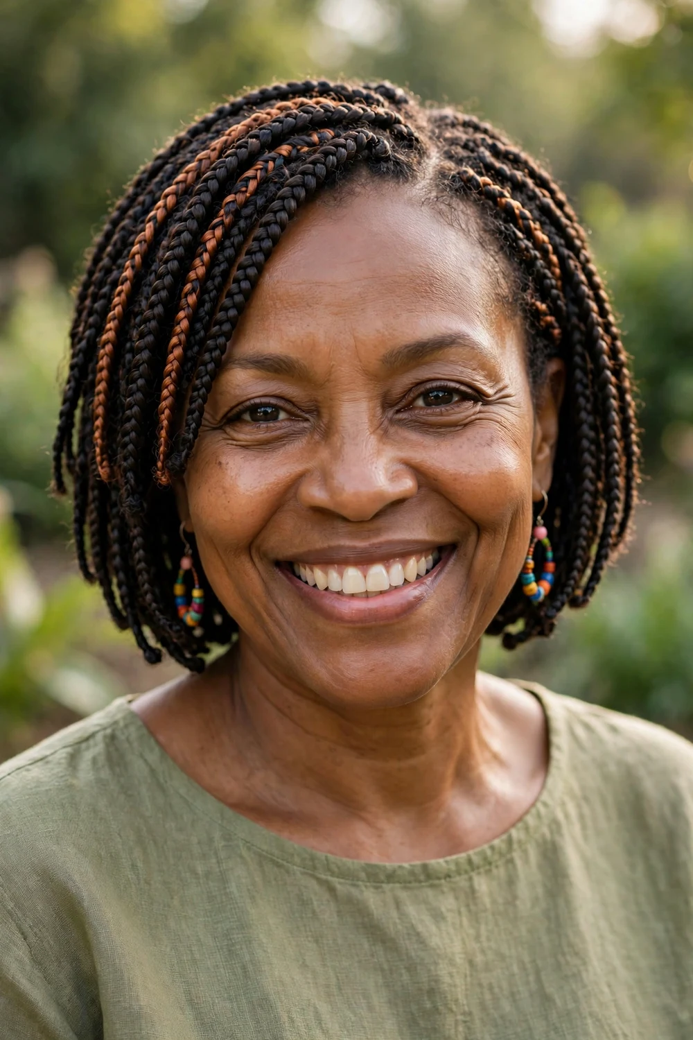 Older Black woman with short protective braids
