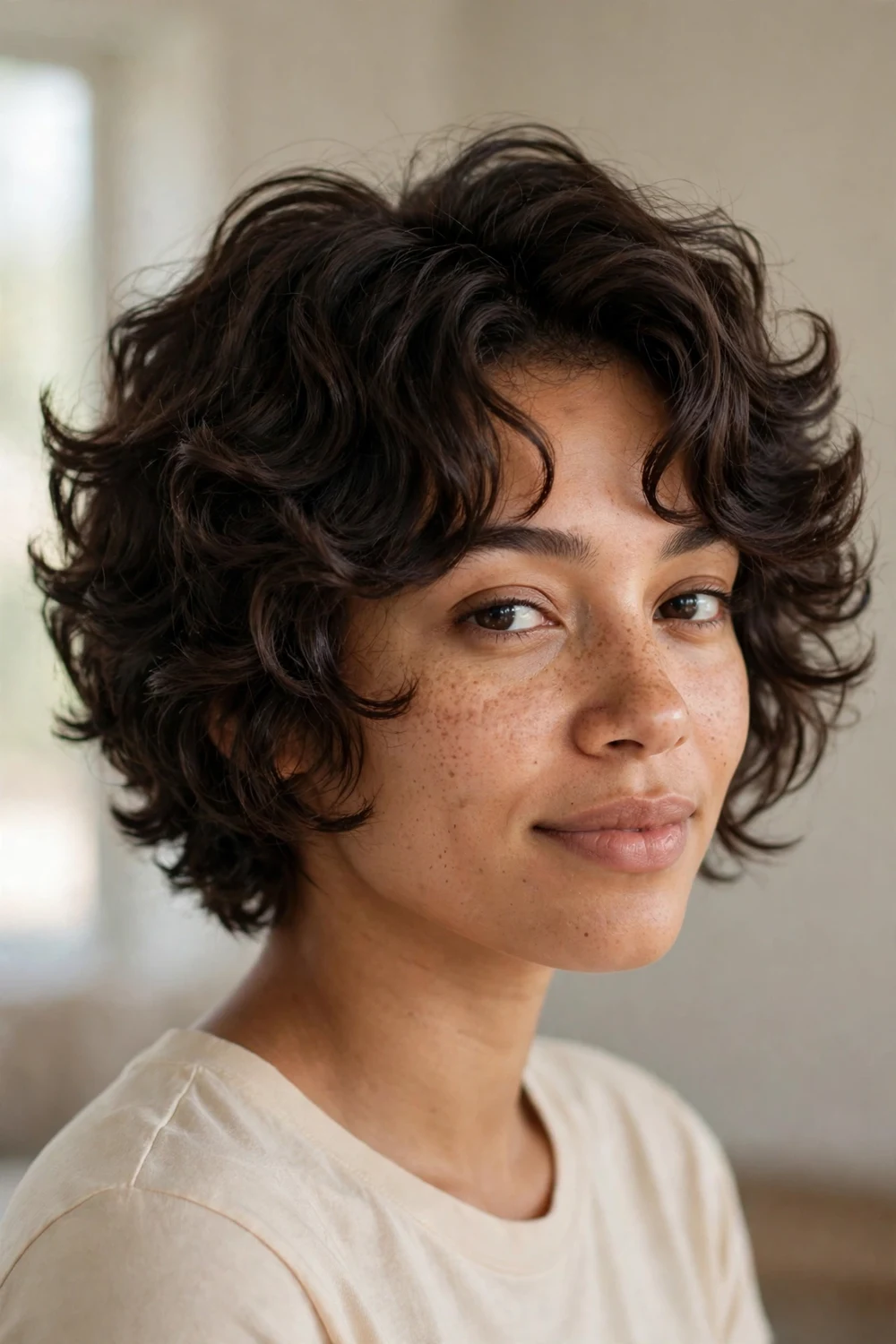 Short butterfly cut with curls and layered volume at a shorter length