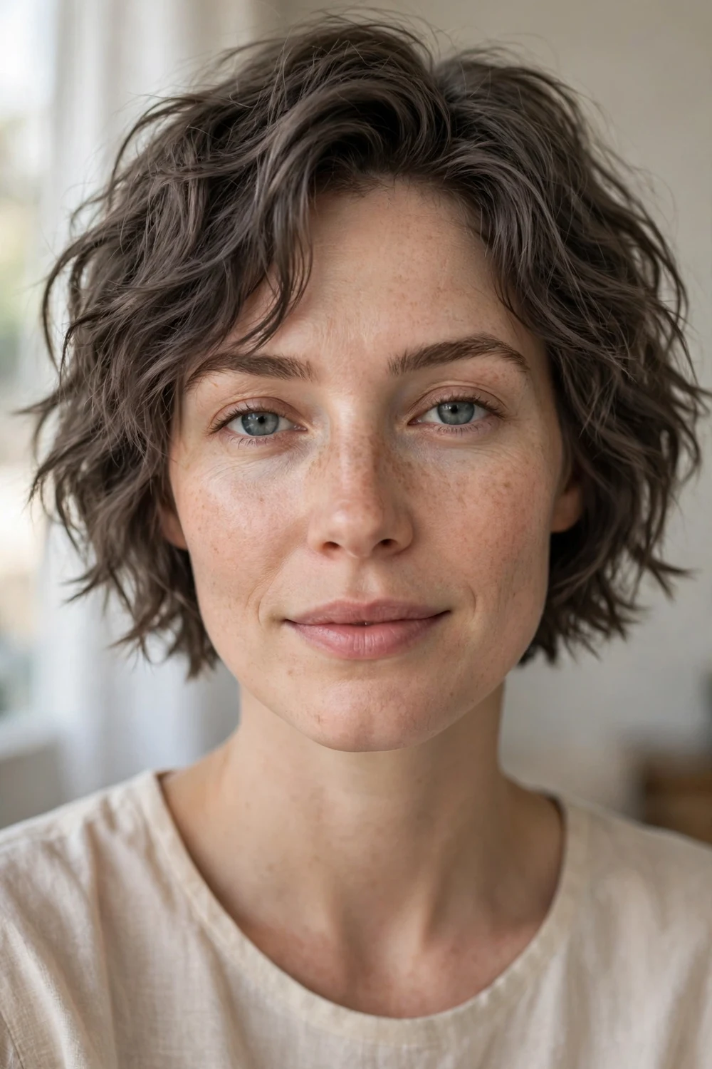 Short choppy wavy crop bob with undone curls on ashy brown hair, front view