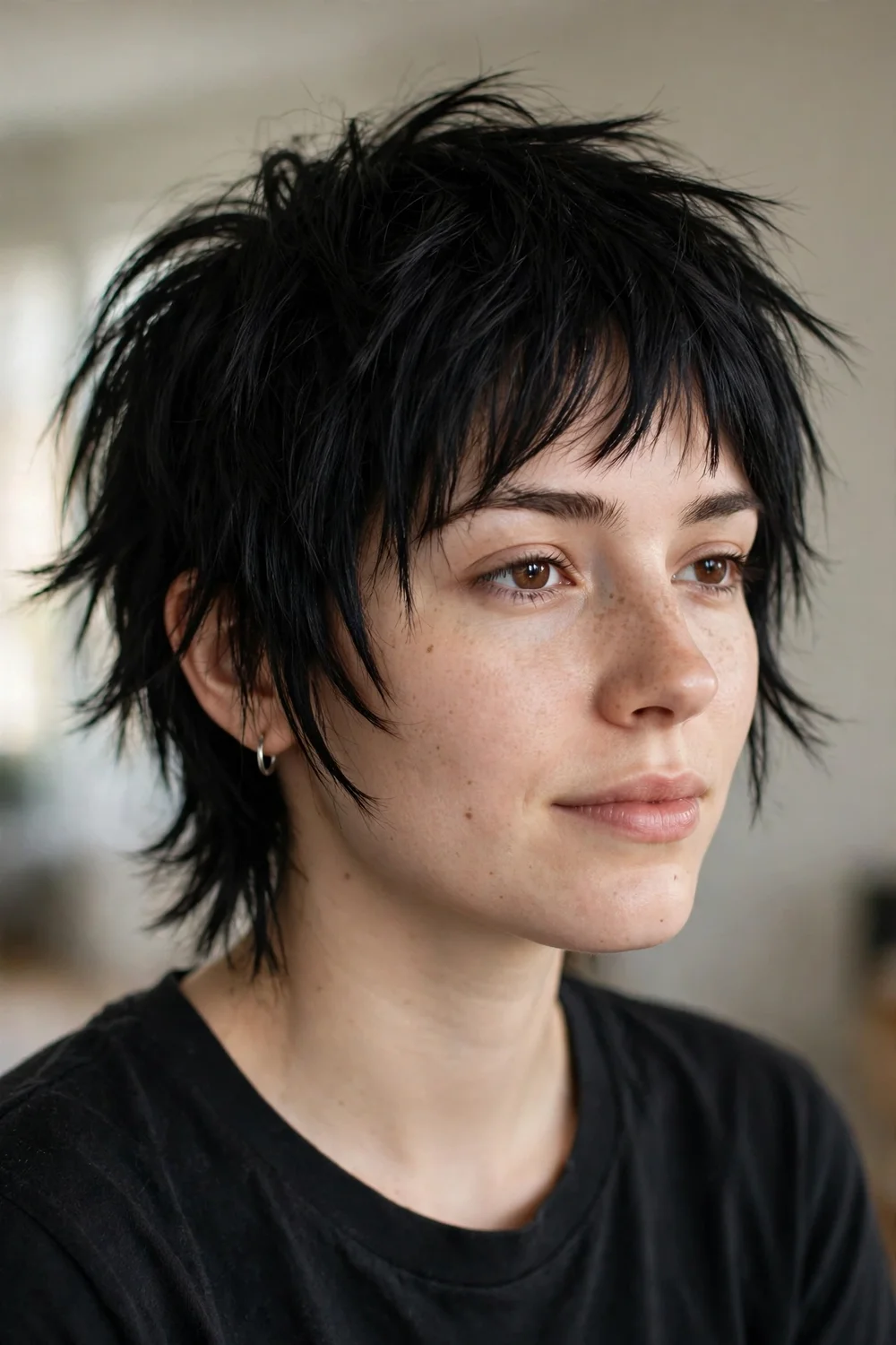 Short choppy wolf cut with bold textured layers on black short hair