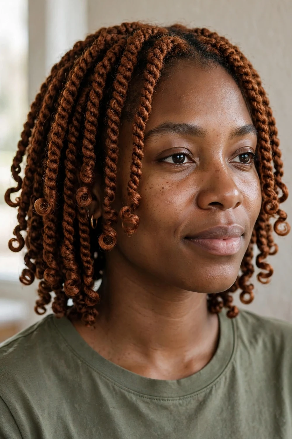 Short cinnamon brown two-strand twists with curled ends