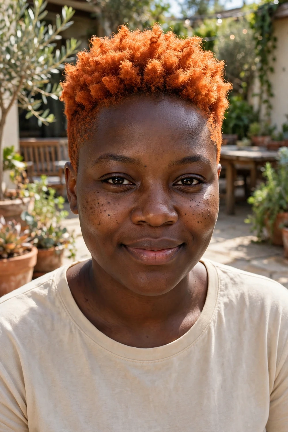 Woman with a bright orange tapered coily haircut