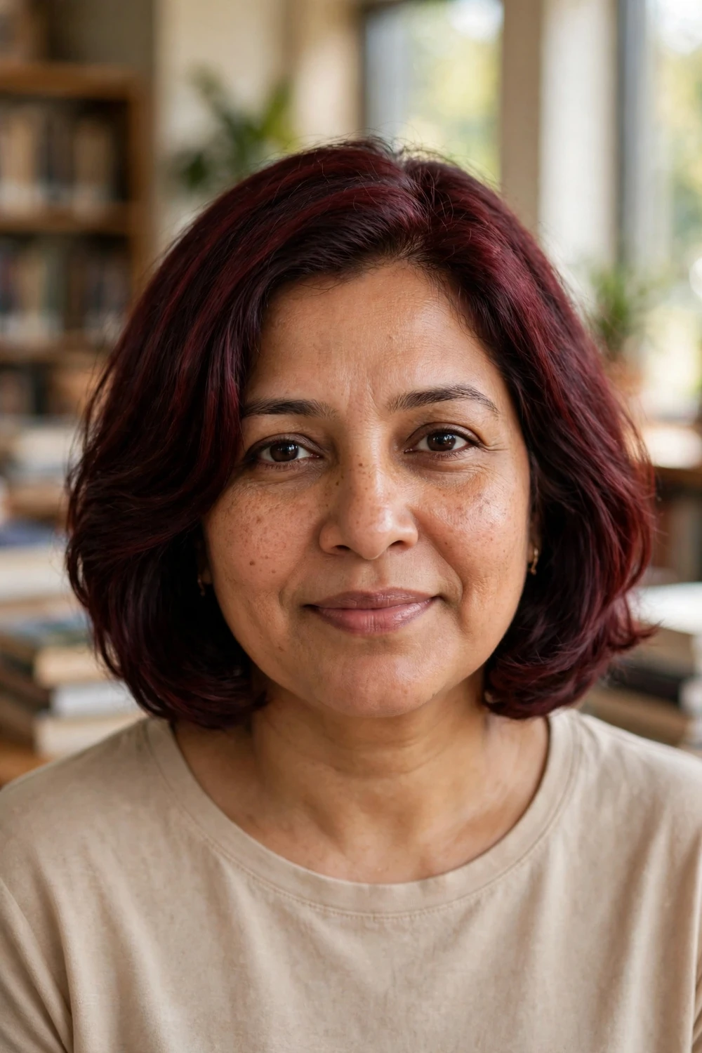 Woman with a burgundy rounded bob