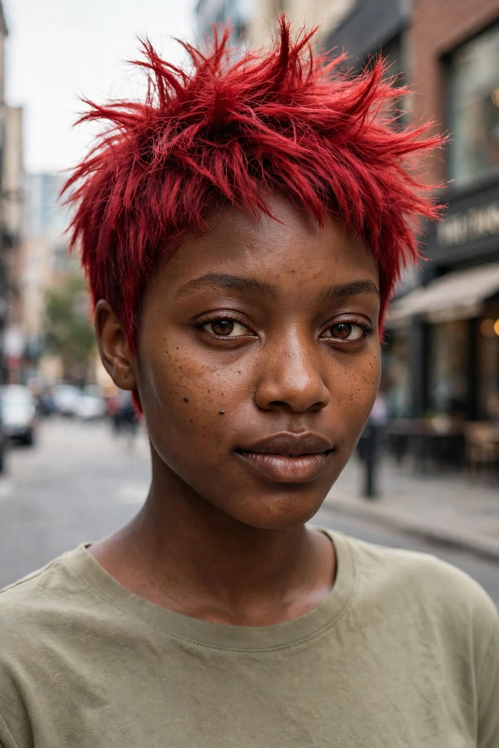 Woman with a cherry red spiky pixie