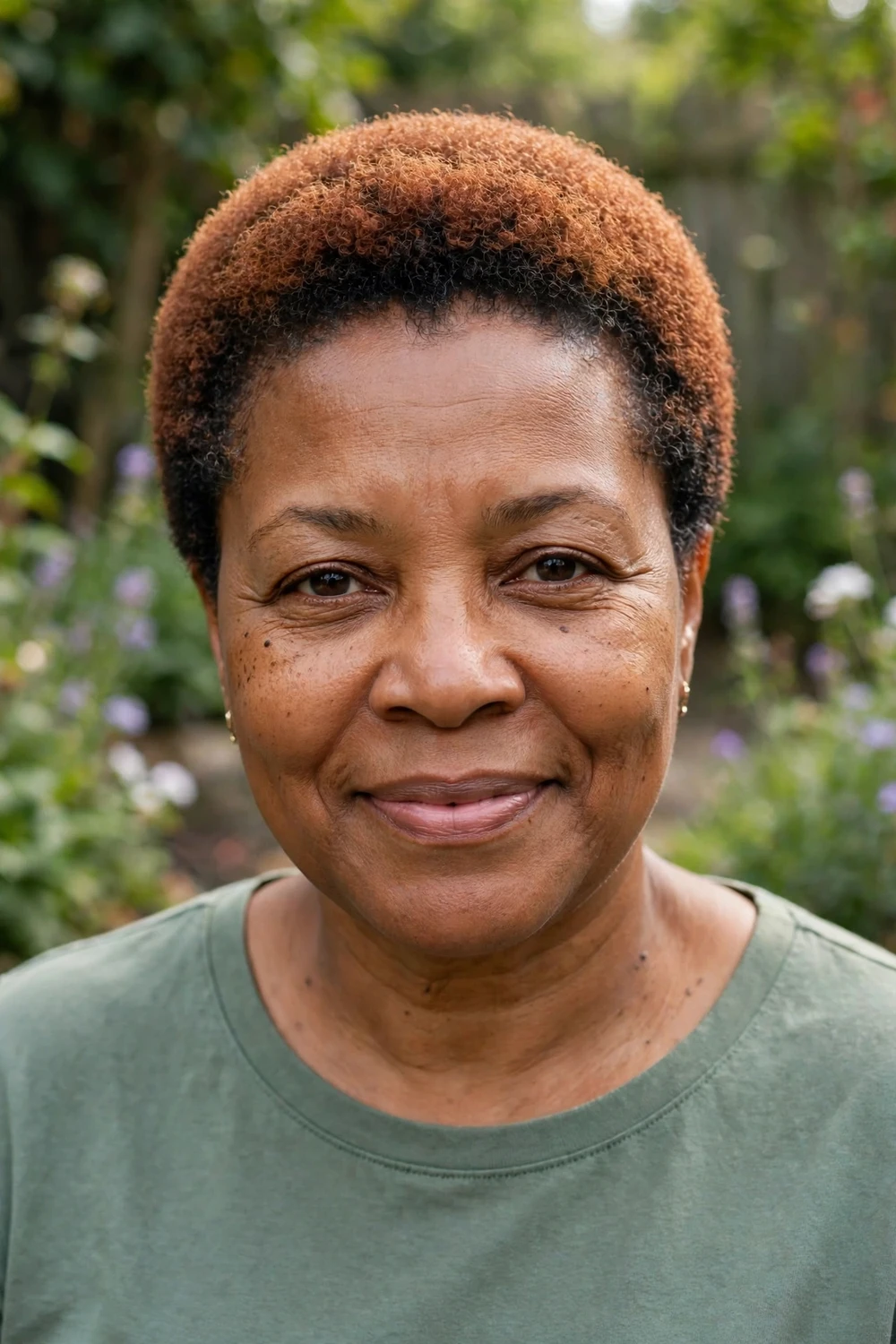Woman with a copper-toned tapered afro cut