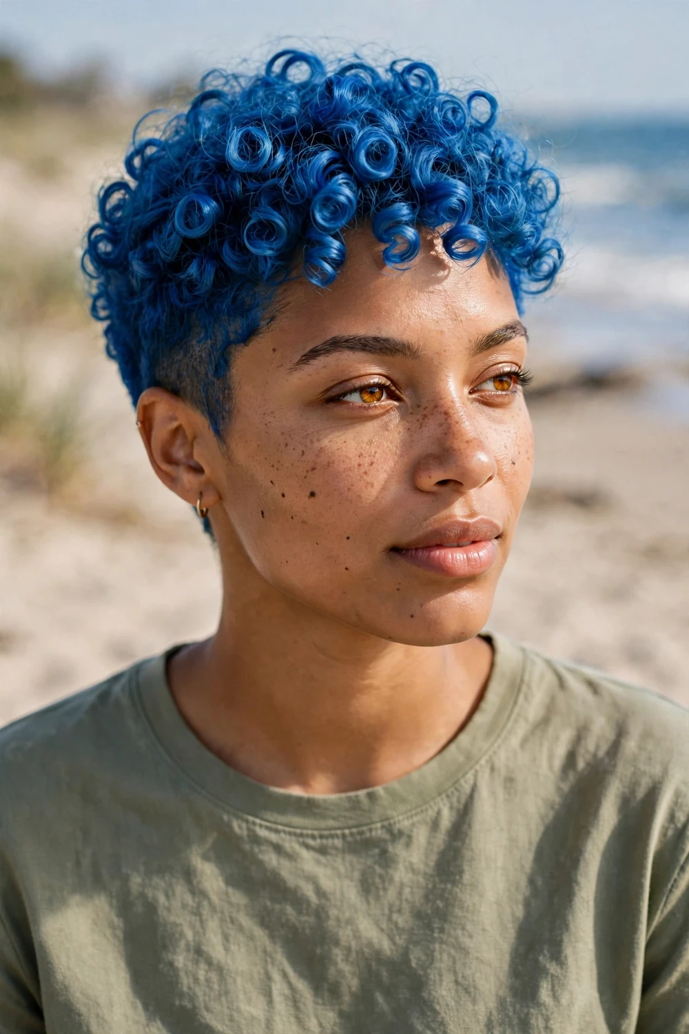 Woman with an electric blue spiral curl pixie