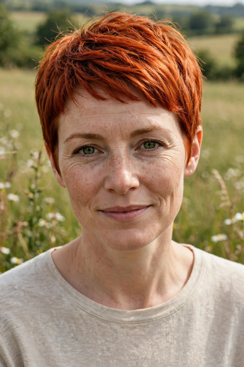 Woman with a fiery copper pixie cut
