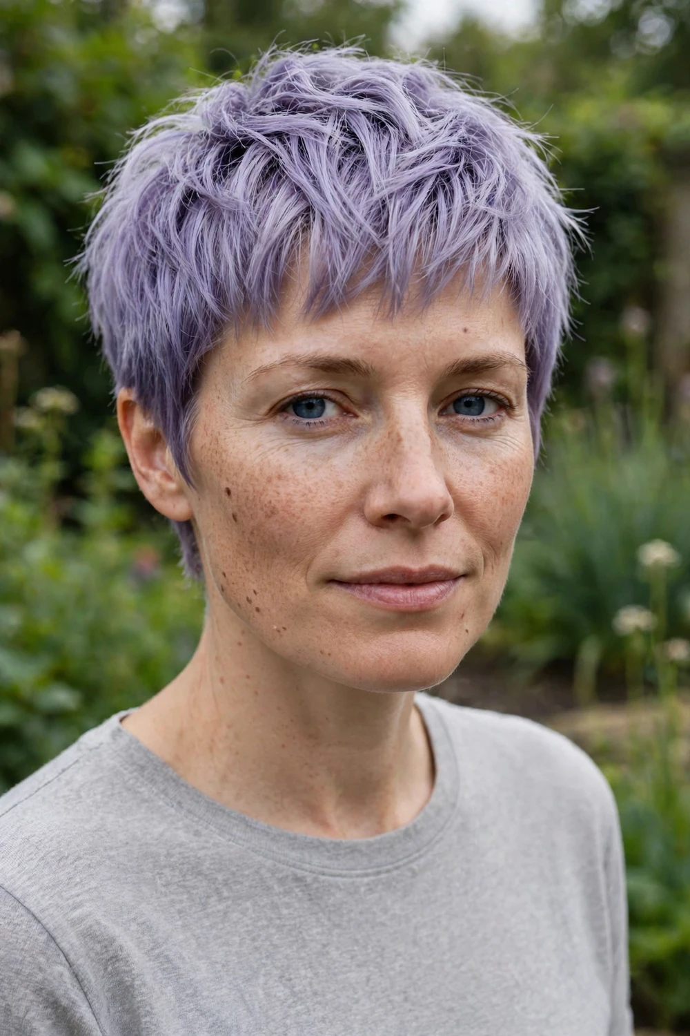 Woman with an icy lavender textured pixie cut