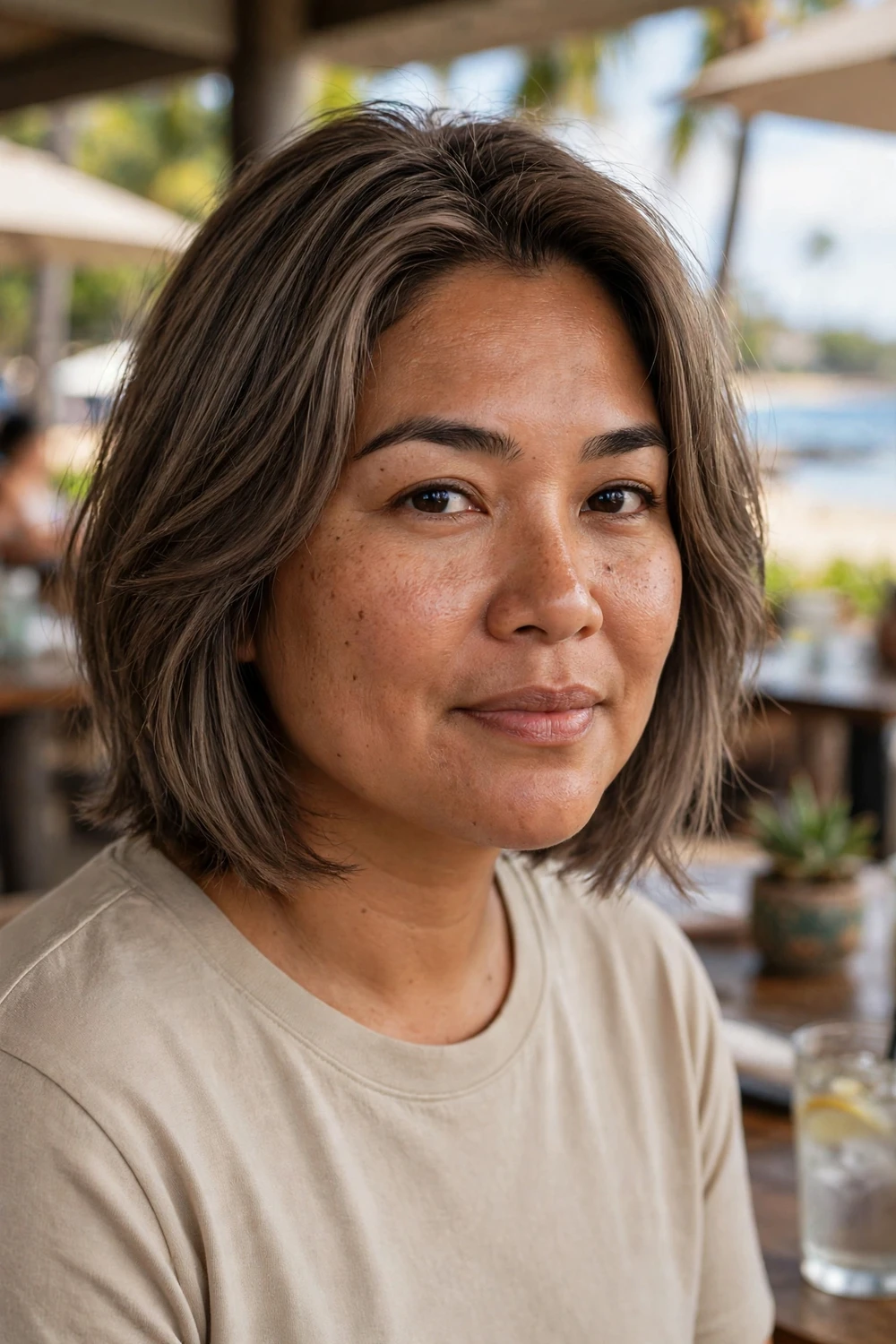 Woman with a mushroom brown layered bob