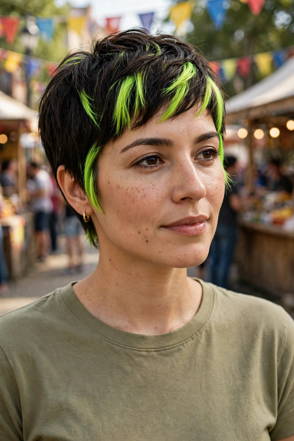 Woman with a neon money piece pixie