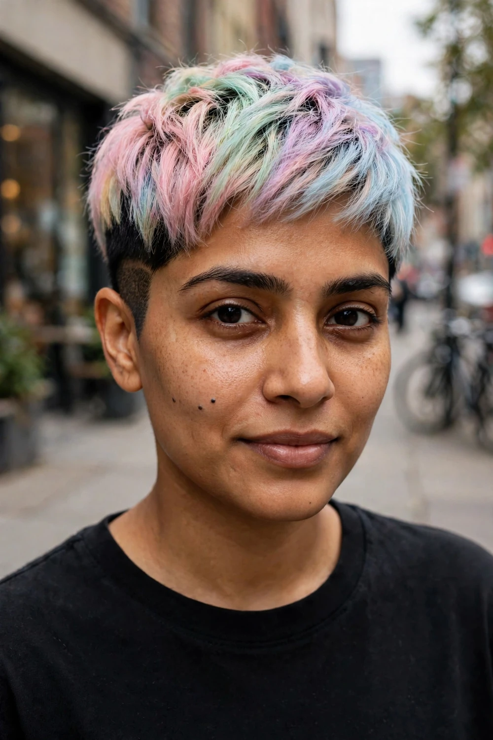 Woman with a pastel rainbow undercut pixie