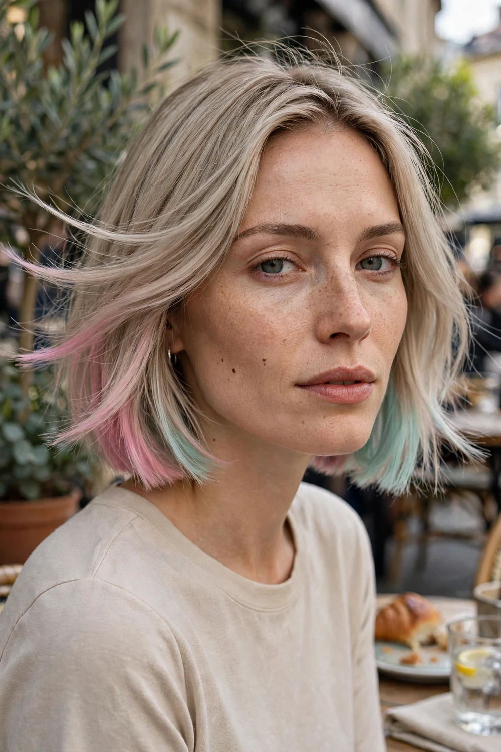 Woman with peekaboo pastel highlights on a short bob