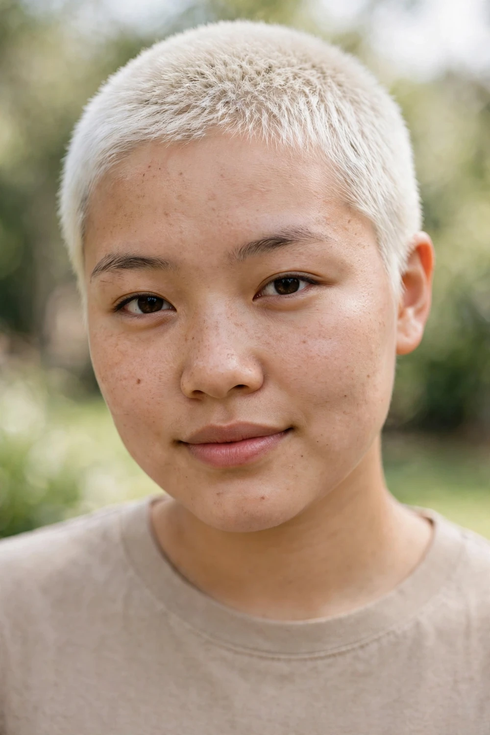 Woman with a platinum blonde buzz cut
