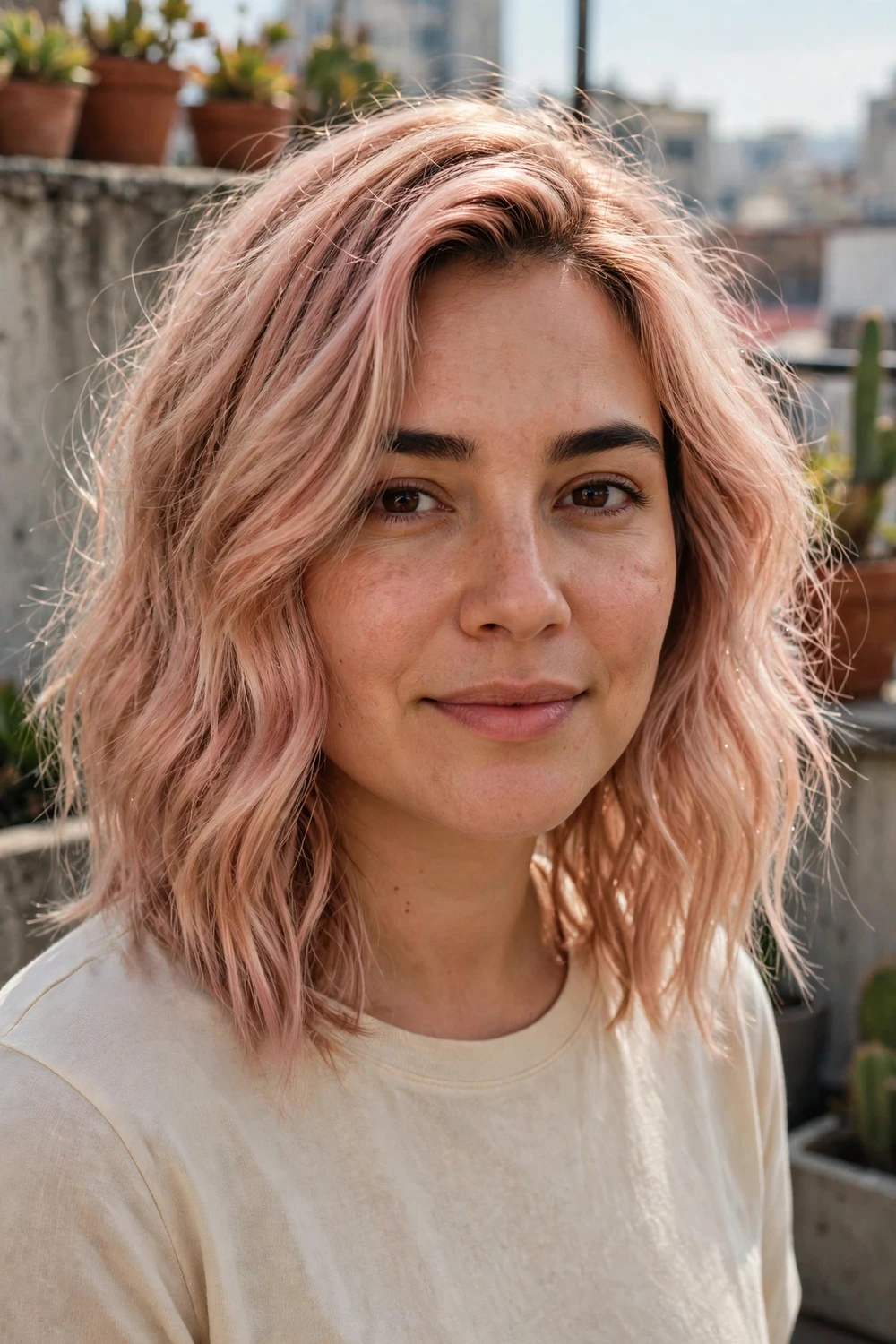 Woman with a rose gold textured lob