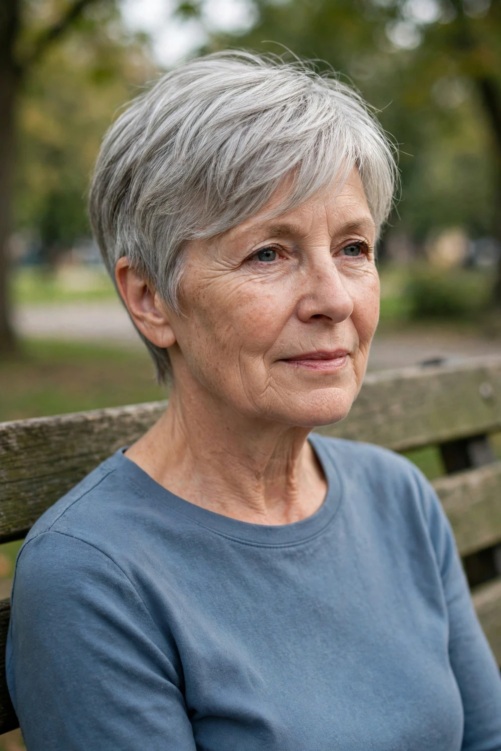 Woman with a silver gray boyish crop