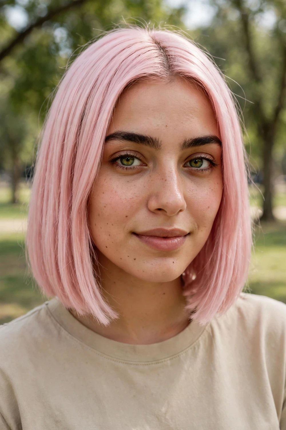 Woman with a sleek cotton candy pink bob
