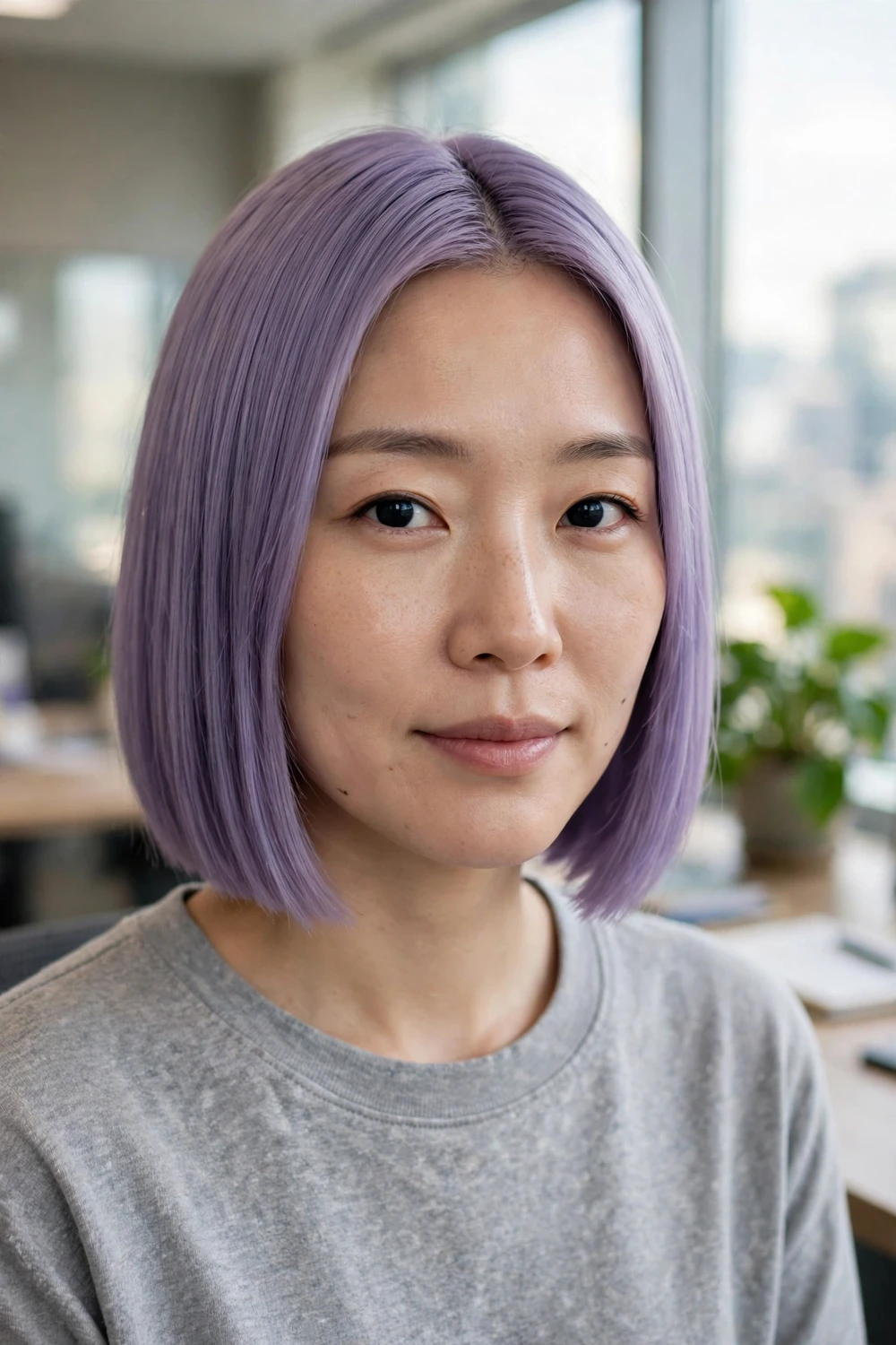 Woman with a sleek lilac blunt bob