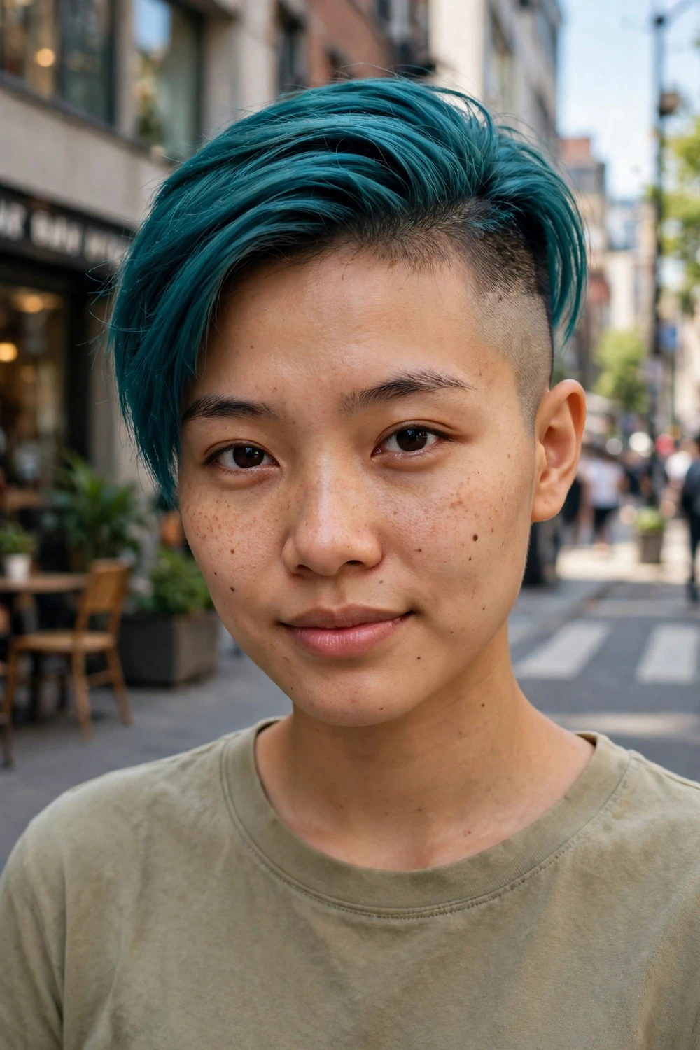 Woman with a teal undercut with shaved sides