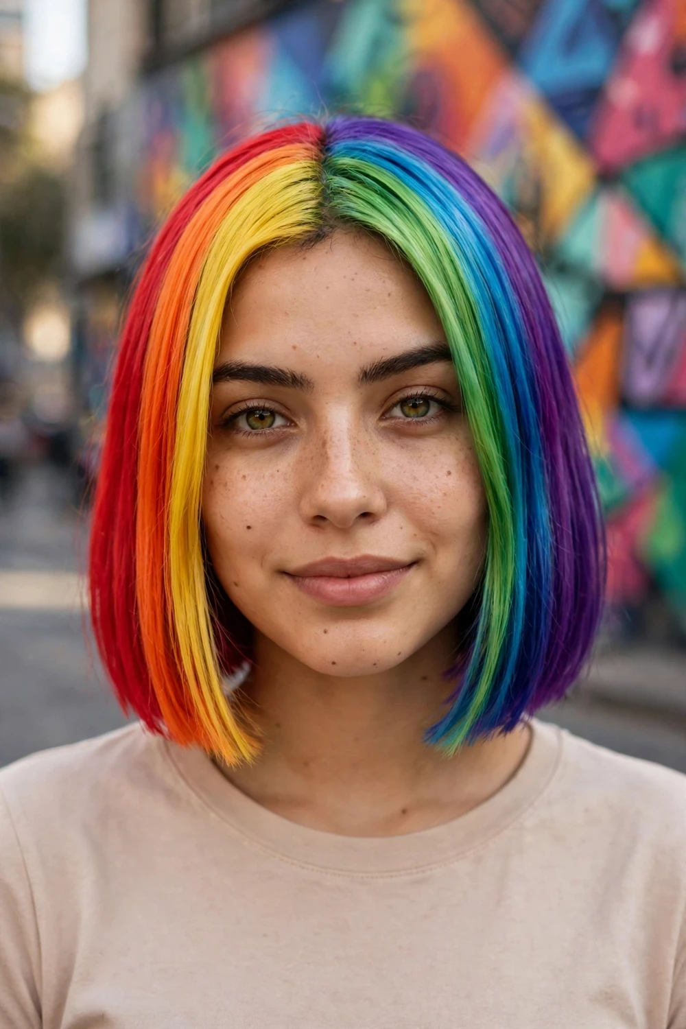 Woman with a vibrant rainbow chin-length bob