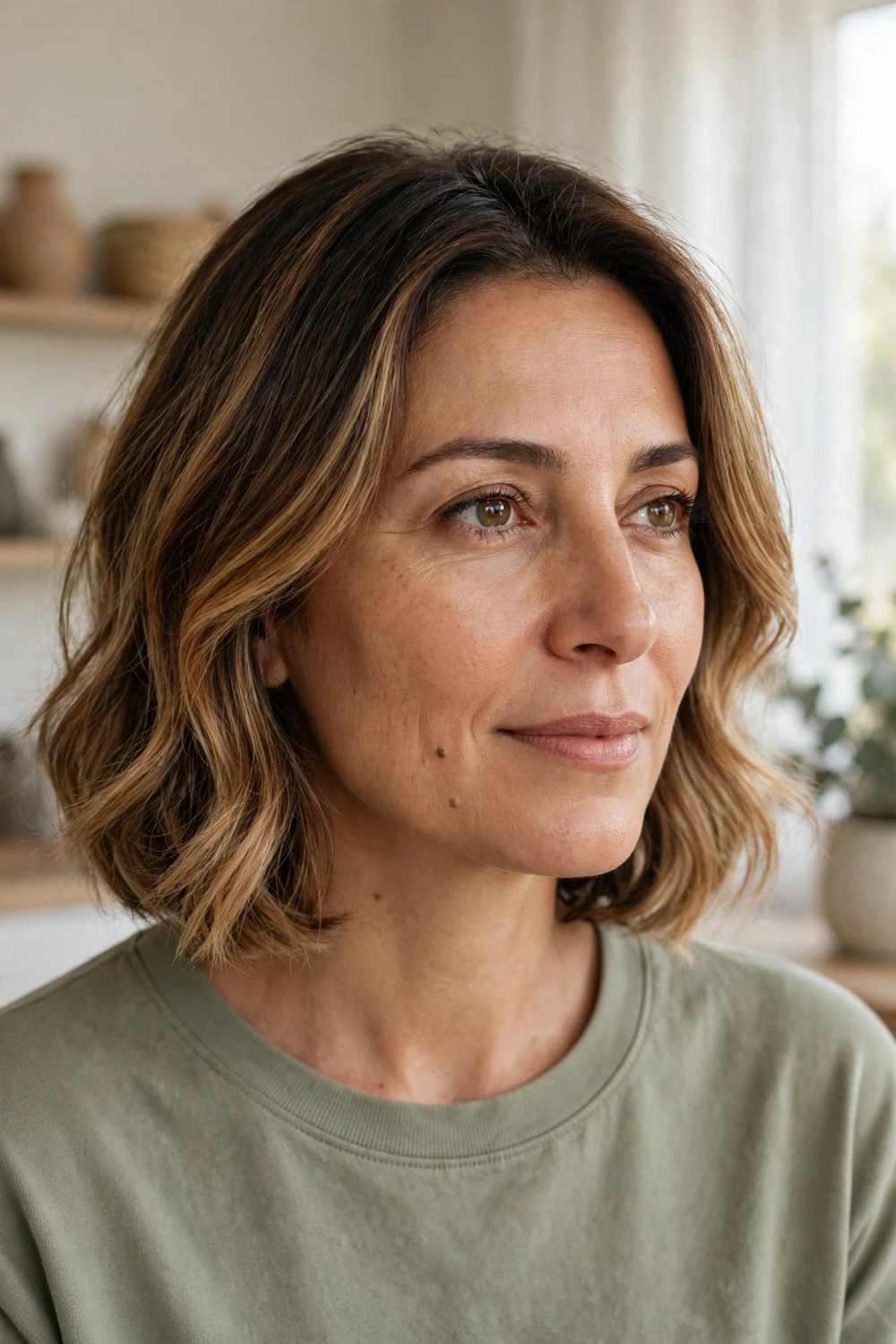 Woman with a warm balayage bob