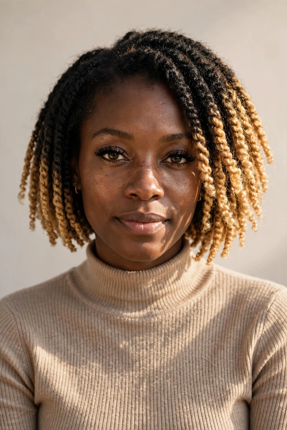 Woman with a blonde-tipped crochet twist bob featuring dark roots fading into golden blonde ends