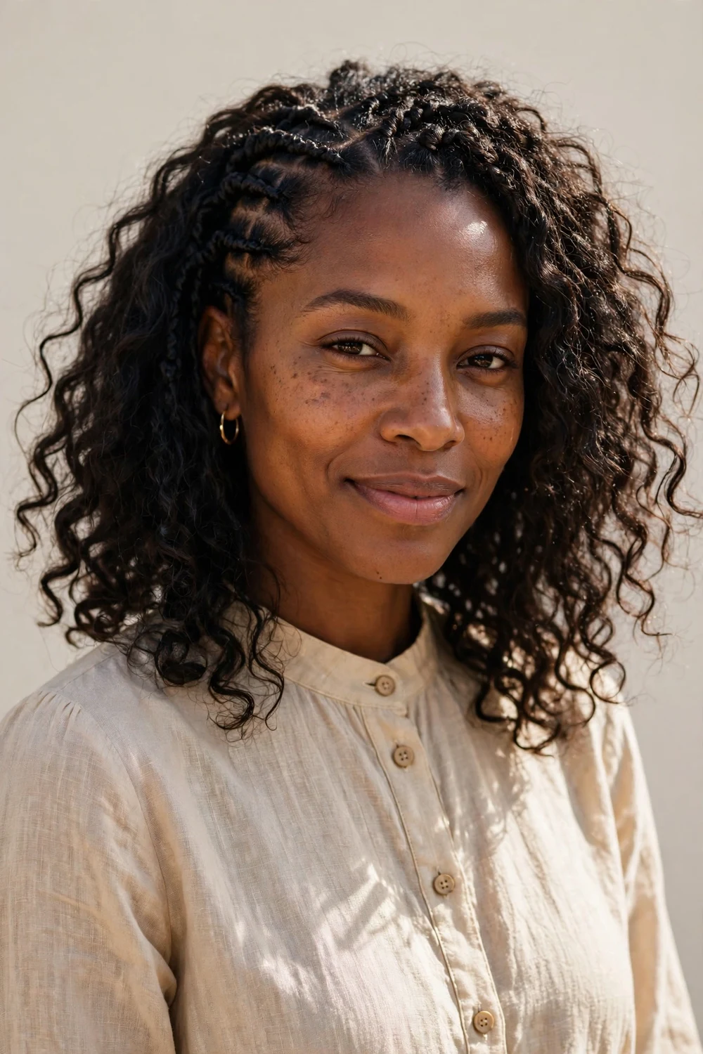 Woman with a boho crochet twist bob featuring neat twisted roots with loose curly strands throughout