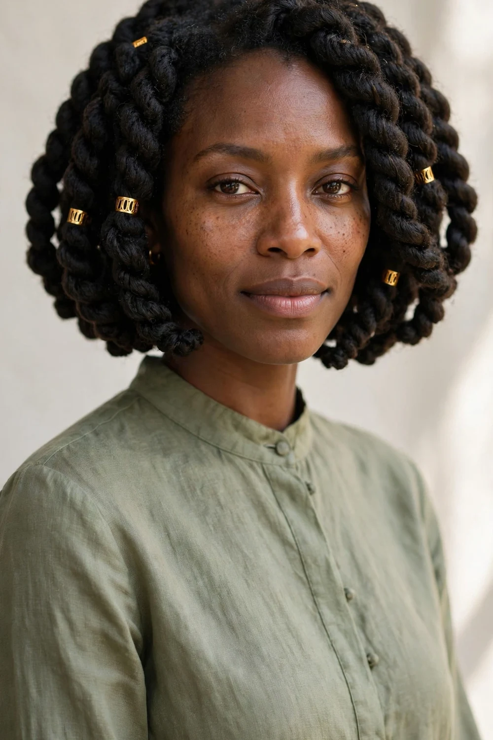 Woman with a chunky crochet twist bob featuring thick bold twists with a structured voluminous shape