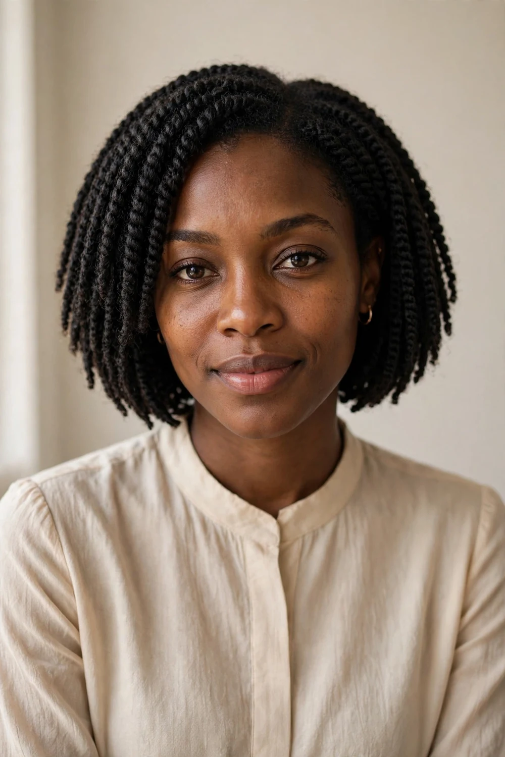 Woman with a classic chin-length crochet twist bob featuring neat, even twists ending at the chin