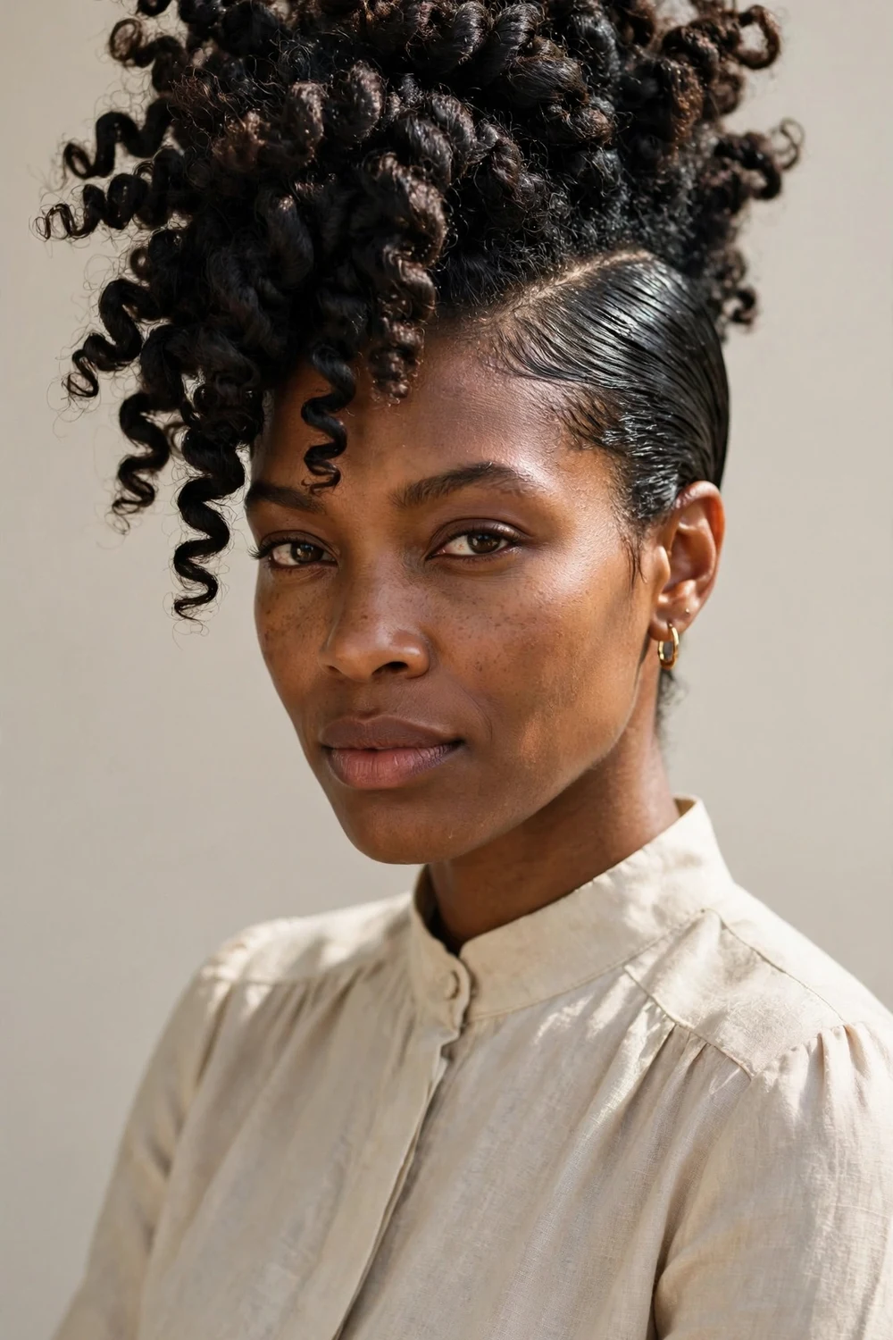 Woman with a curly crochet twist mohawk showing slicked sides and a voluminous twisted crest in the center